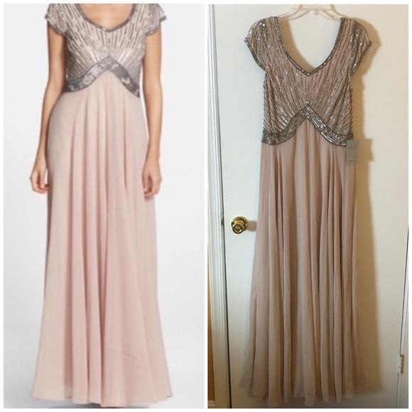 jkara sequin bodice chiffon gown